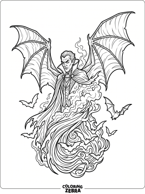 Dracula transforming into a bat with wings spread
