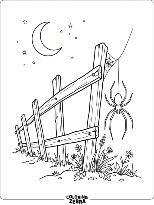 A spooky spider near a fence under a moon