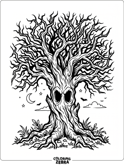 A spooky twisted tree with crooked branches and hollow eyes