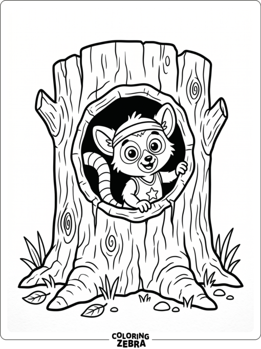 A sportive lemur peeking from a tree stump