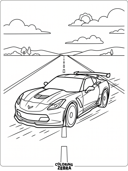 A sports Corvette speeding down a straight road