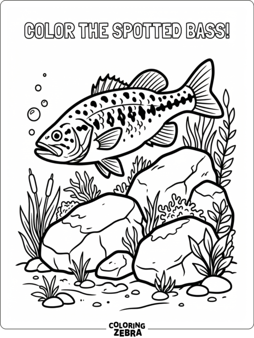 A spotted bass near underwater rocks