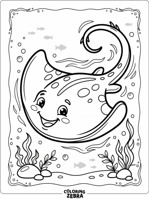 A smiling stingray with a curved tail