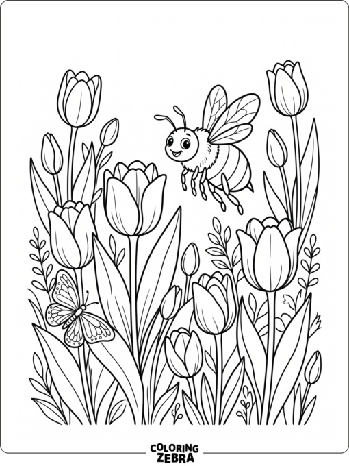 A bee flying through spring flowers