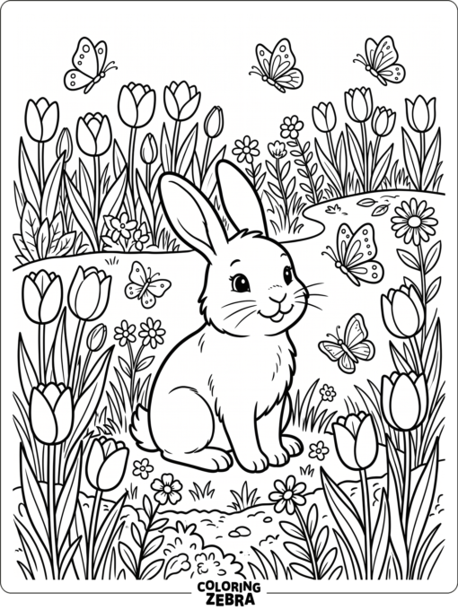 A bunny in a spring garden with tulips and butterflies