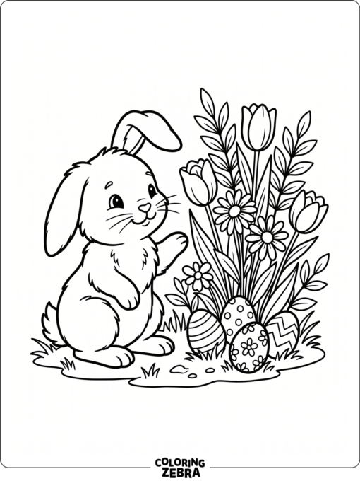 A bunny near flowers and Easter eggs