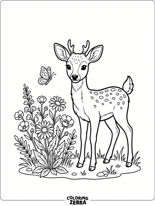 A deer near spring flowers and a butterfly