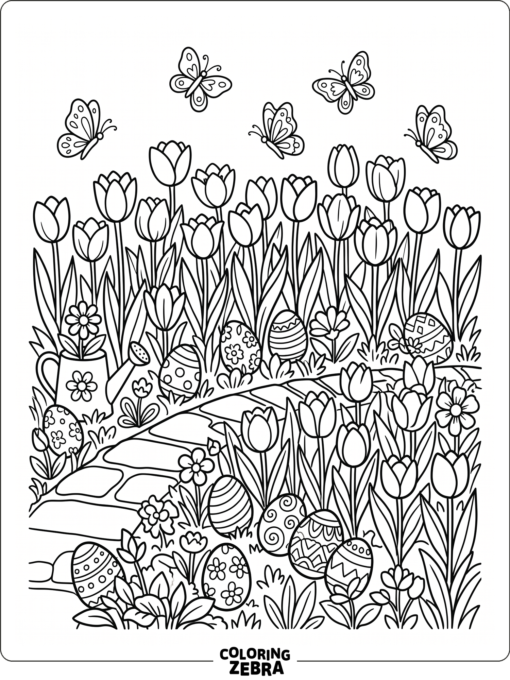 Spring garden with eggs and butterflies