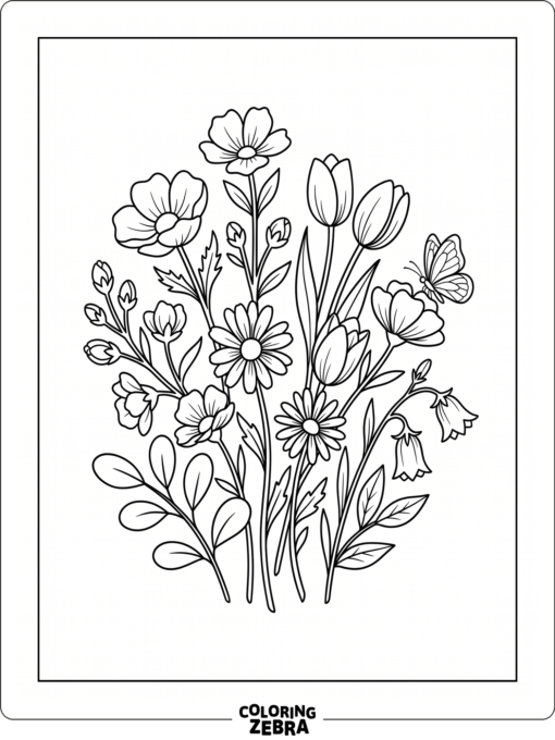 A cluster of spring flowers with buds and leaves