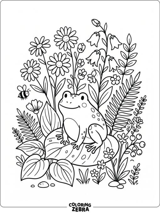 A frog sitting among flowers and leaves