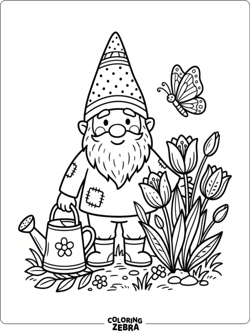 A gnome near tulips and a butterfly