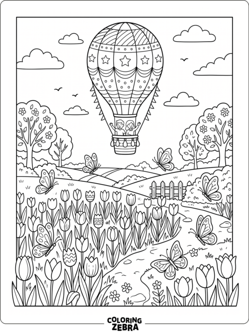A hot air balloon floating above tulips and butterflies