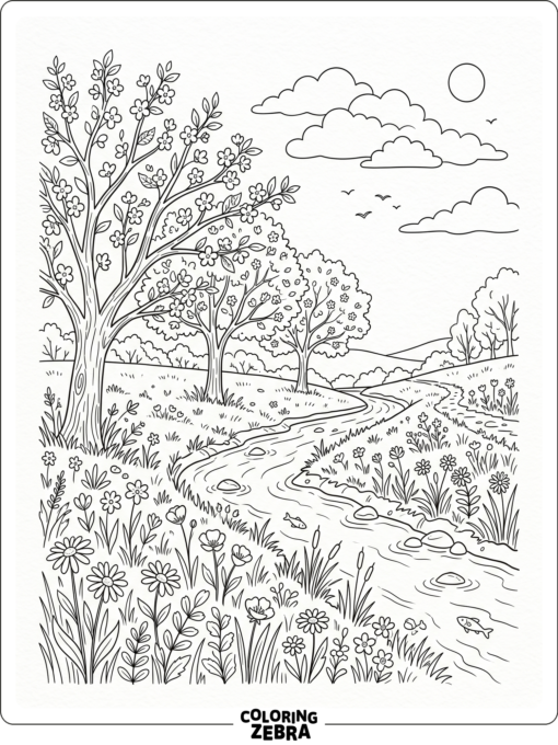 A spring meadow with blossoms, flowers, and a stream