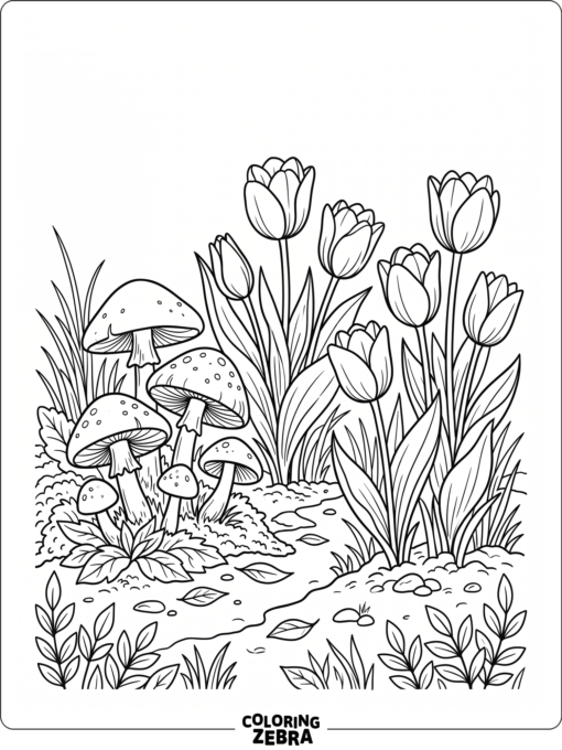 Mushrooms beside tulips and spring leaves