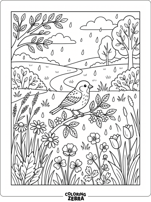 Gentle spring rain over a meadow