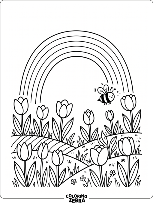 A spring rainbow above tulips and a bee