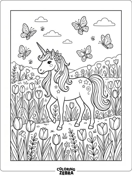 A unicorn in a spring meadow with tulips and butterflies