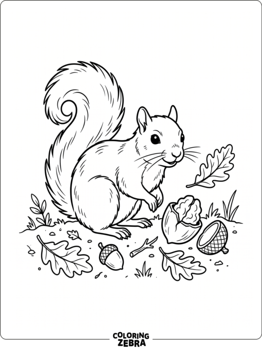 A squirrel stands beside a cracked acorn