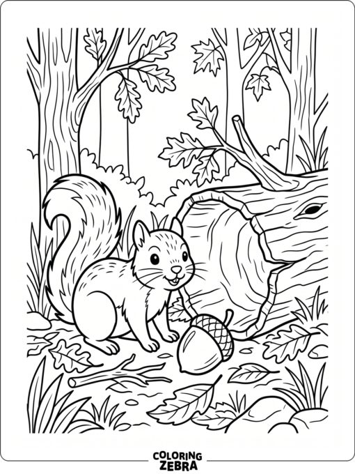A squirrel and acorn beside a hollow log