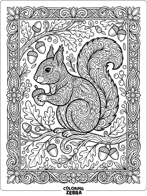 An ornate squirrel with leaves and acorns