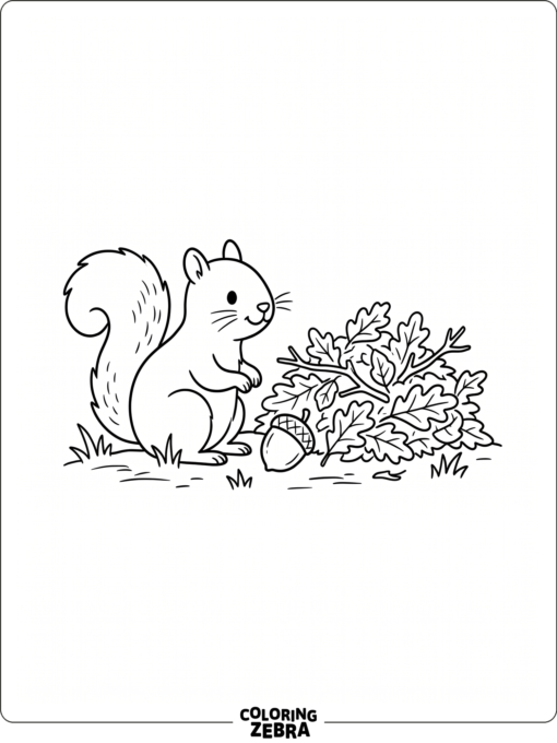 A squirrel sits beside oak leaves and an acorn