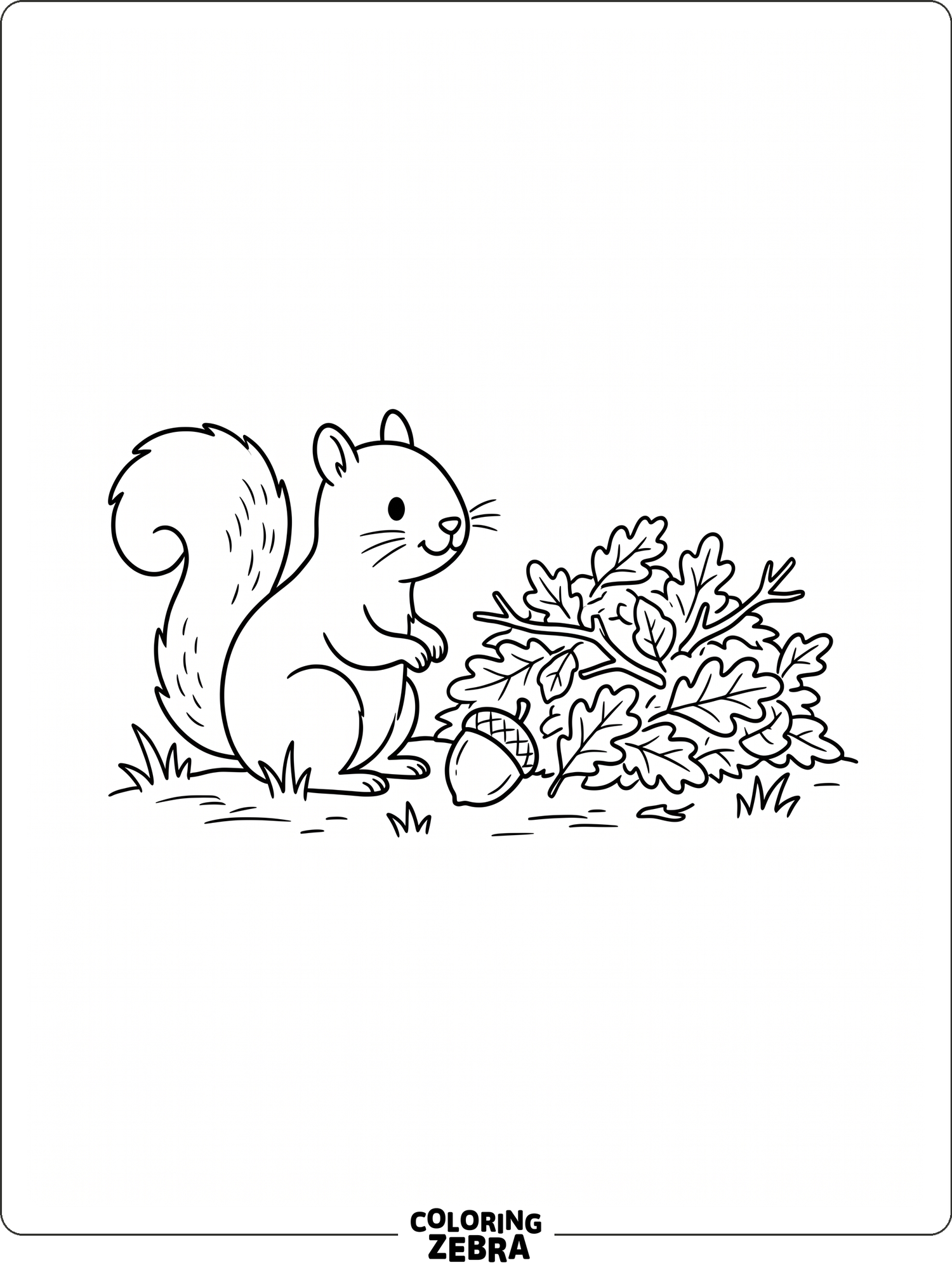 A squirrel sits beside oak leaves and an acorn