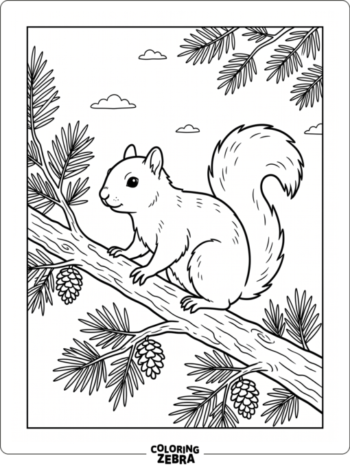 A squirrel on a branch with pinecones above