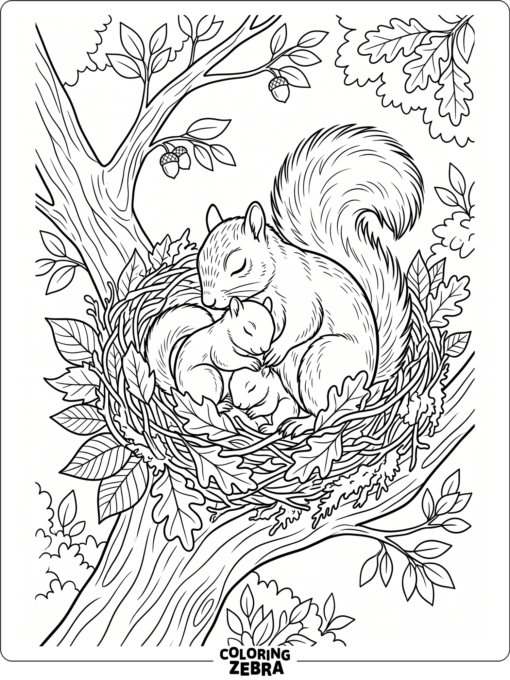 A squirrel family in a leafy nest