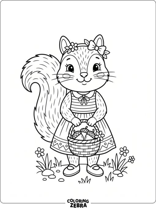A girl squirrel in a dress holding a basket