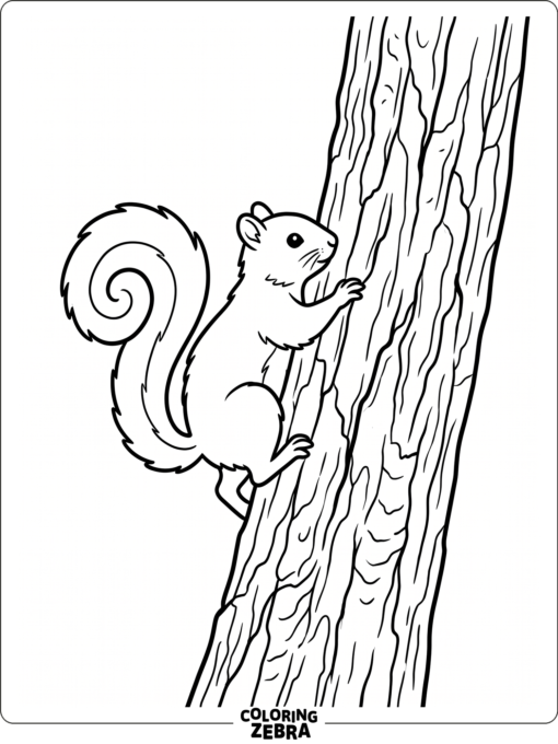 A squirrel climbing a tree trunk