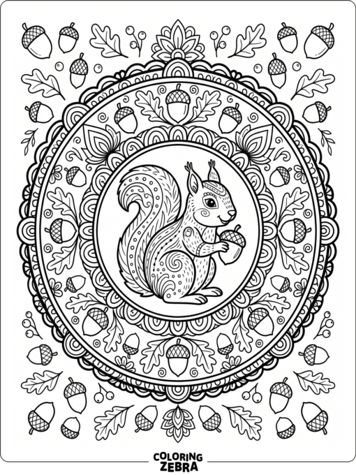 A squirrel in a mandala frame with acorns