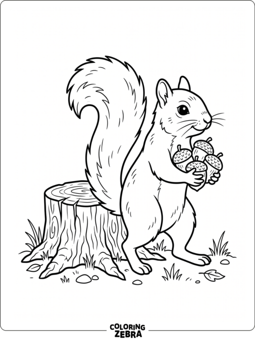 A squirrel carrying nuts near a stump