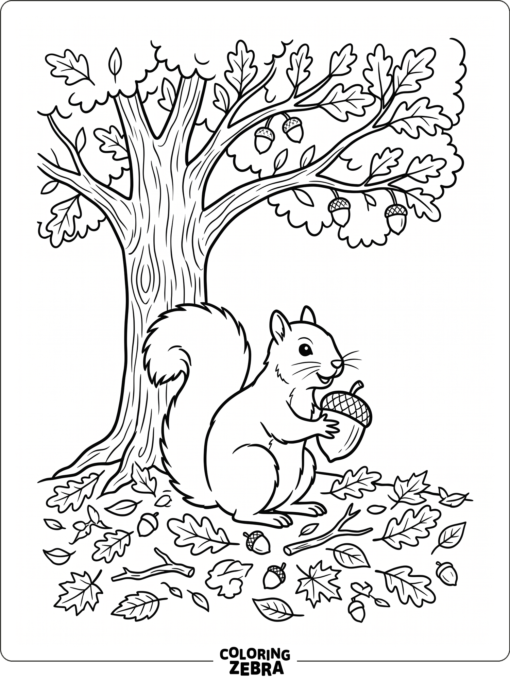 A squirrel holds an acorn under a tree