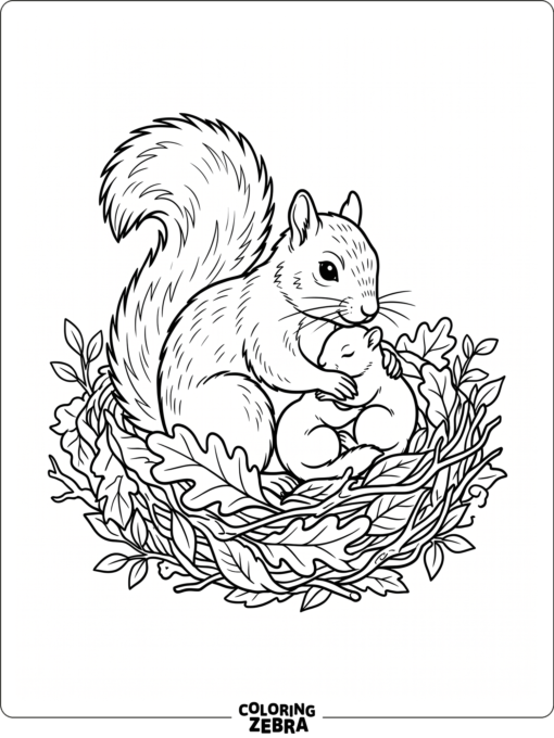 A mother squirrel with two babies in a nest