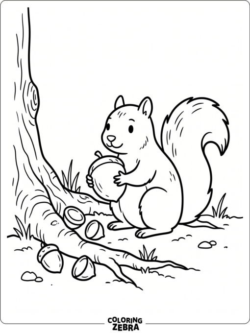 A squirrel holding a nut near tree roots
