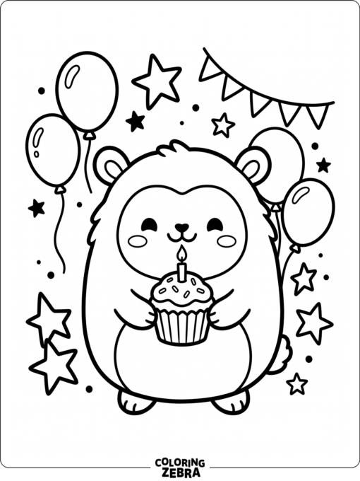 A plush-style character with a cupcake, stars, and balloons