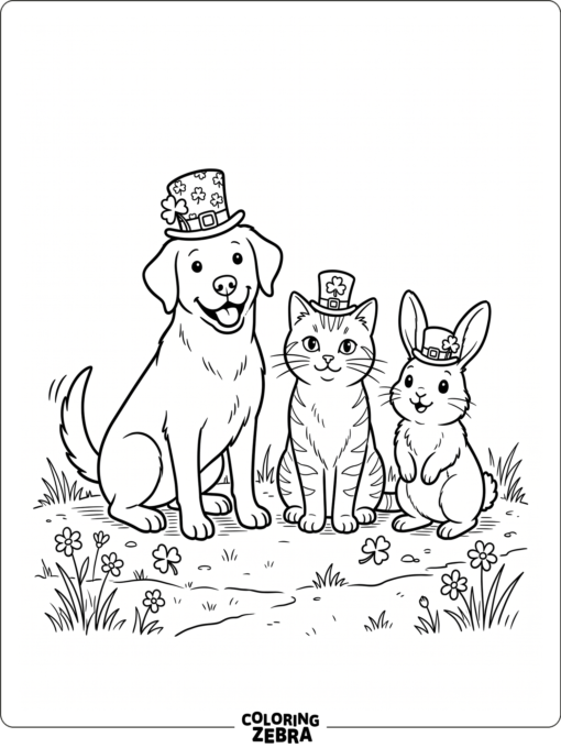 Three animals wearing shamrock hats together