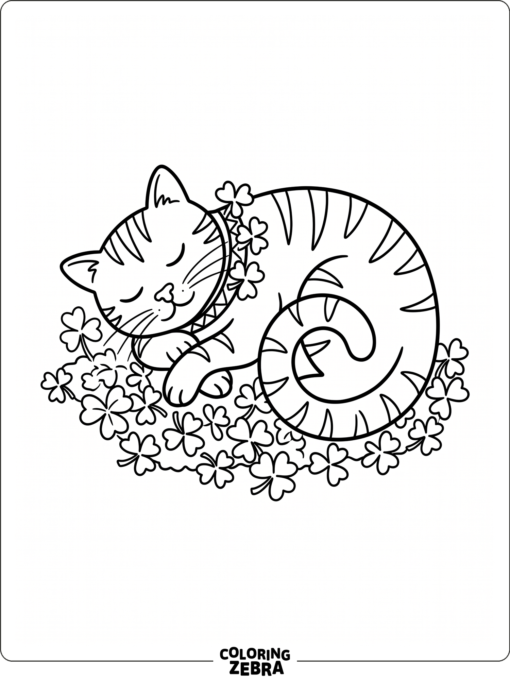 Sleepy cat in a shamrock collar with curled tail