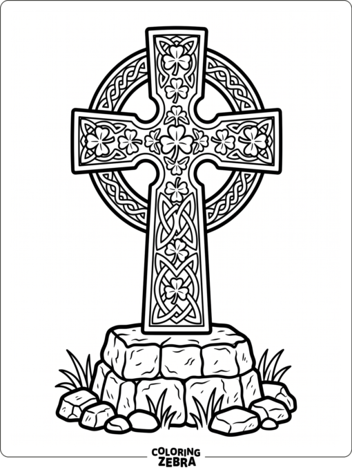 Celtic cross with shamrock carvings