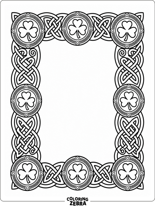 An ornate Celtic border with knots and shamrock medallions