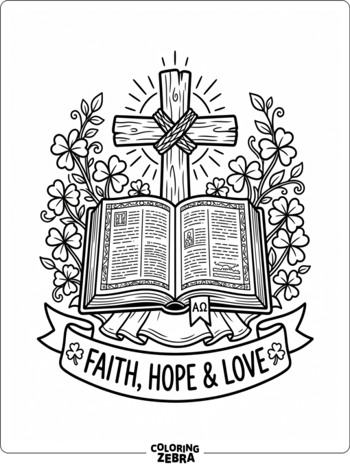 Christian symbols with shamrocks and an open Bible