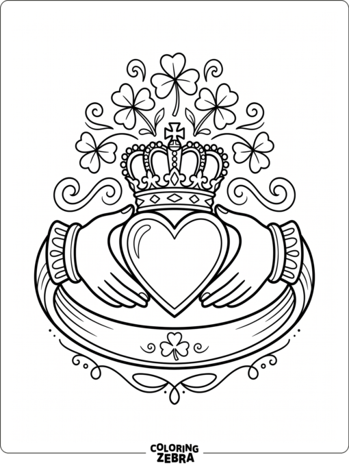 Claddagh ring with heart, crown, and shamrocks