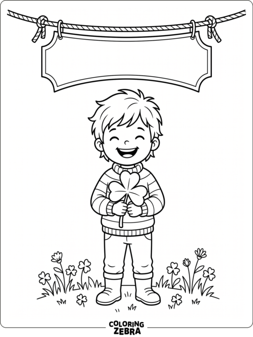 Smiling child holding a shamrock and banner