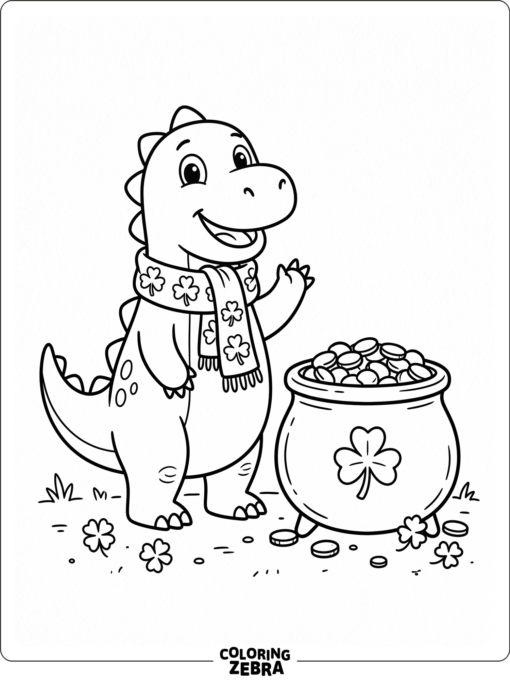 A dinosaur with a shamrock scarf and gold pot