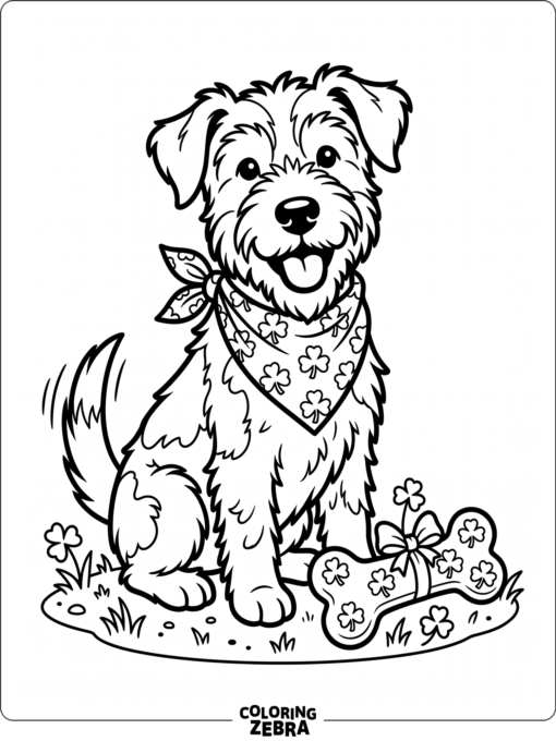 Happy dog wearing a shamrock bandana beside a bone