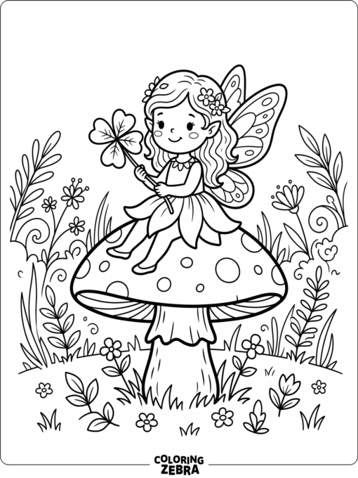 A fairy sitting on a mushroom and holding a clover