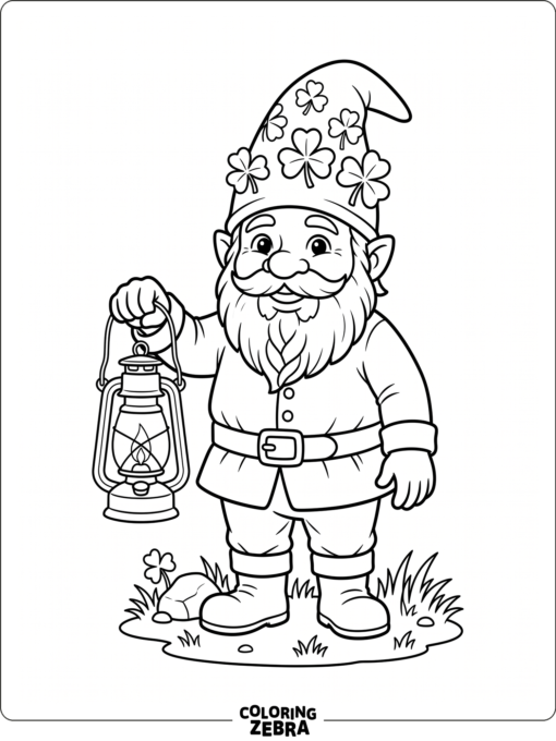 Garden gnome with a shamrock hat and lantern