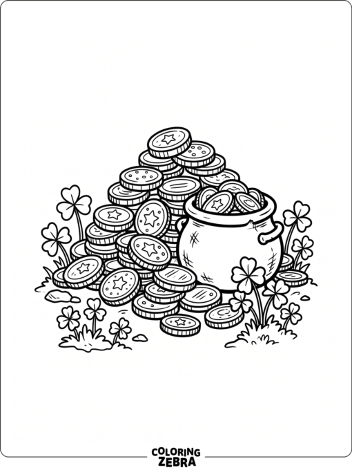 Gold coins piled beside a tiny pot and shamrocks