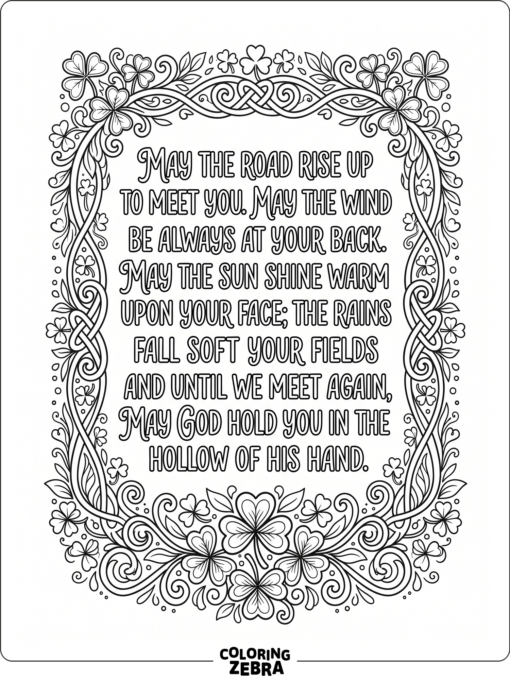 Irish blessing quote framed by clovers and curls
