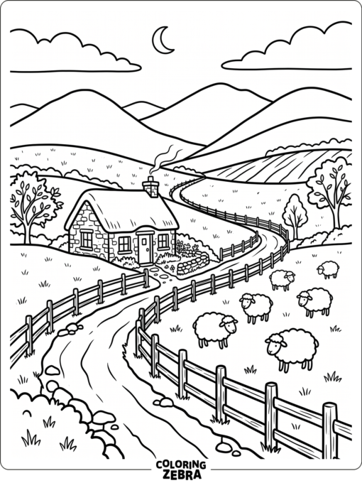 Rolling hills with a cottage, fence, and sheep